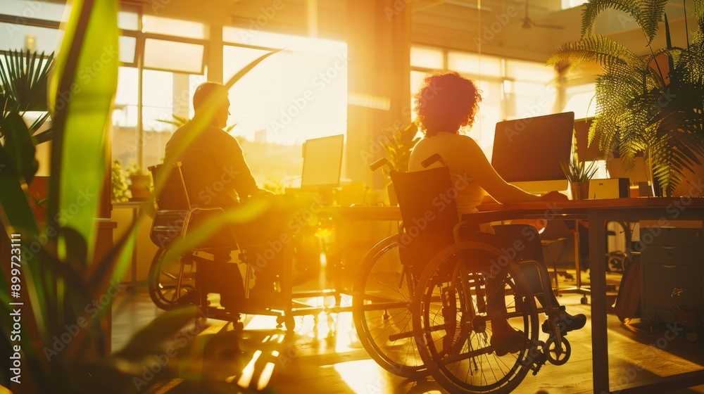 Poster people in wheelchairs working in an office with bright sunlight filtering in. promoting workplace ac