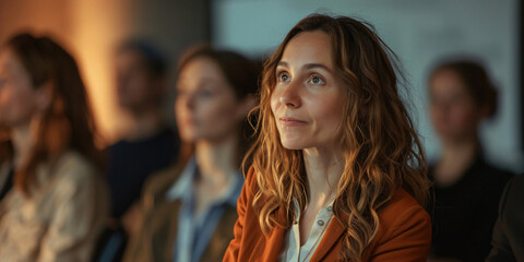 caucasian woman intently listening during a meeting, showcasing professionalism and engagement.
