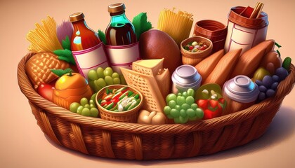 anime style large basket filled with all kinds of food and drinks icon
