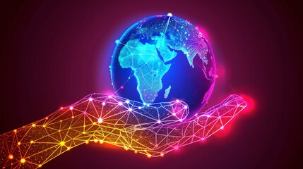 Fototapeta premium High tech 3D hand presenting a radiant turquoise holographic earth with vibrant network lines and digital nodes perfect for a modern and sleek design