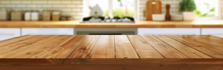 Empty Wooden Table Top for Product Display in Blurred Kitchen Interior
