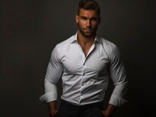 Elegant Man Posing in White Shirt Against Dark Background at Night