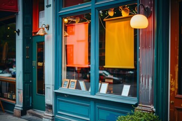 Naklejka premium Close-up of retail storefront with vibrant signage, representing branding and visibility