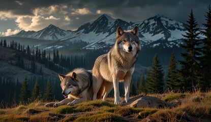 Obraz premium Majestic Wolves in Mountain Landscape