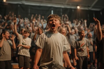 A child wearing a white T-shirt raises their hand amidst a large group of people in an auditorium, signifying engagement, inquisitiveness, and participation in a social event.