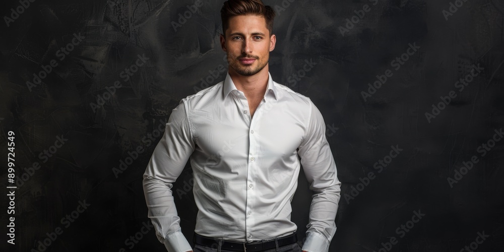 Wall mural Male Model Posing in a White Shirt Against Dark Background