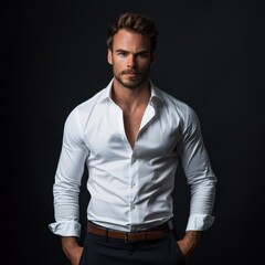 Obraz premium Confident Man in White Shirt Posing Against a Dark Background