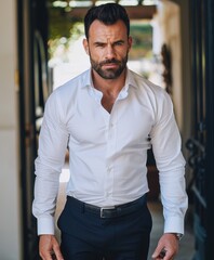 Obraz premium Confident Man in White Shirt Walking Through Elegant Archway