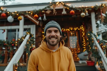 A man wearing a grey beanie and yellow hoodie, smiling cheerfully on a porch decorated with numerous Christmas lights and ornaments, enjoying the festive holiday season.