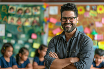 Fototapeta premium Portrait of smiling male teacher in a class at elementary school looking at camera with learning students on background