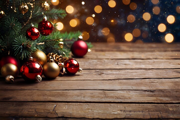 Empty wooden table, balls, christmas tree, lights on background, blurred bokeh. Christmas mock up banner to display, advertise product, promotion sale, presentation. New year, winter backgrounds.
