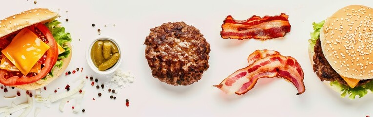 Fresh Hamburgers With Bacon and Toppings on White Background