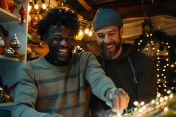 Obraz premium Two friends joyfully work together to decorate their space with bright Christmas lights, sharing laughter and holiday cheer in a warmly lit festive room.