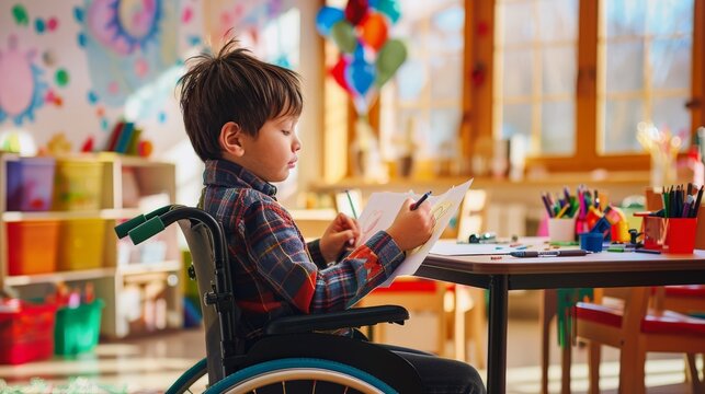 Boy in wheelchair drawing in a colorful art classroom. Creative learning and accessibility.