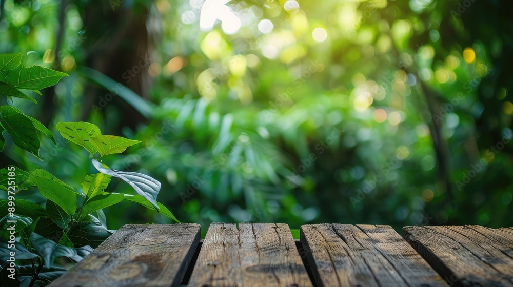 Poster wooden table surface with blurred green foliage background for product display or visual design