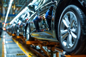 Fototapeta premium Assembly line workers building cars in factory, showcasing precision and efficiency in manufacturing