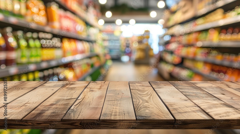 Poster wooden table with empty top in foreground blurry grocery section and juice shelves in background