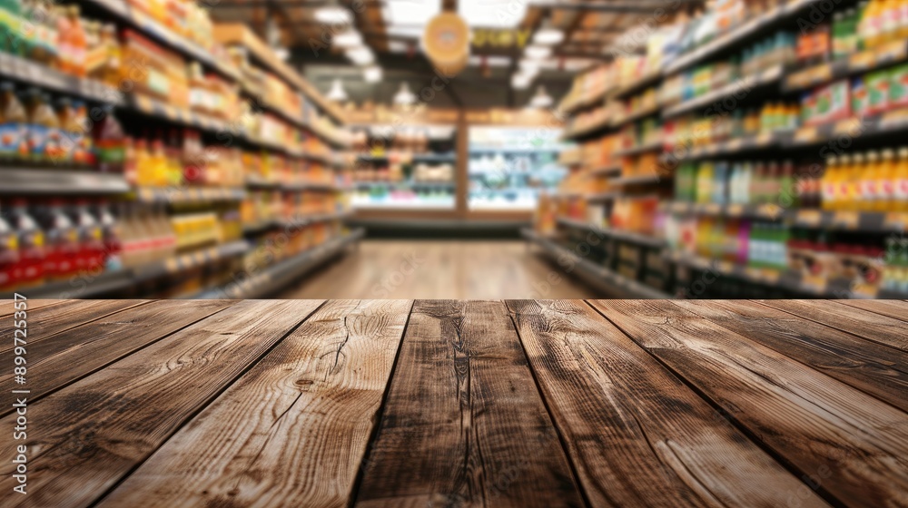 Poster wooden table with empty top in foreground blurry grocery section and juice shelves in background