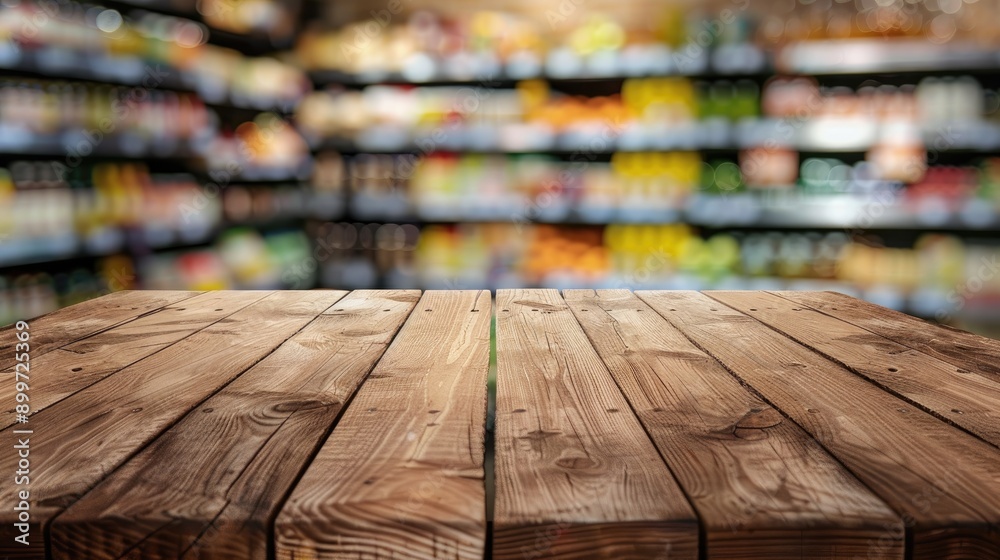 Poster wooden table with empty top in foreground blurry grocery section and juice shelves in background