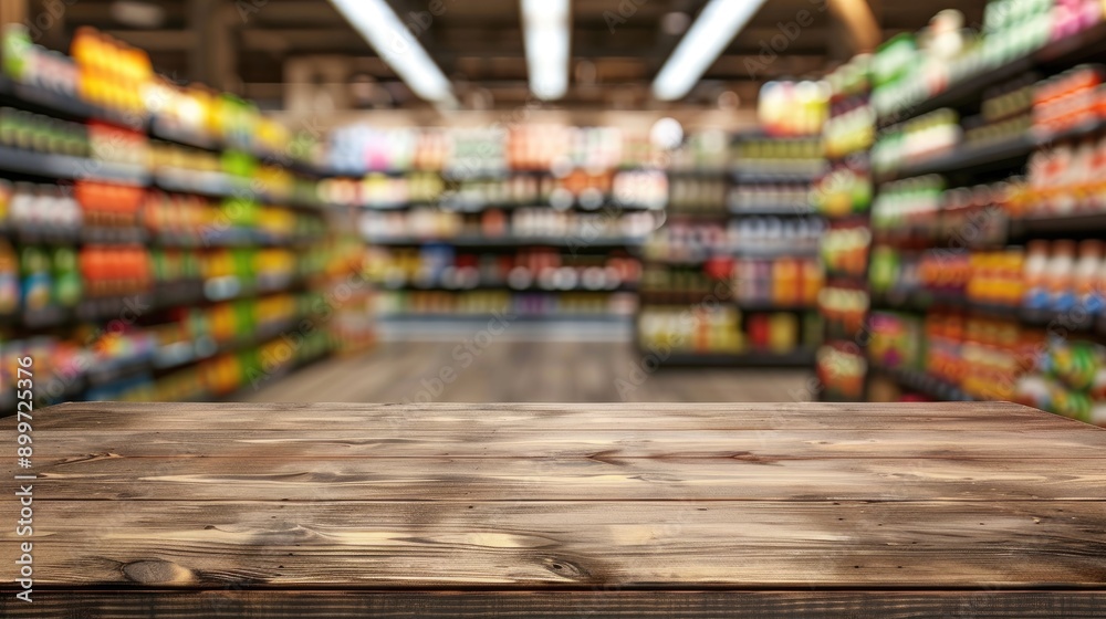 Poster wooden table with empty top in foreground blurry grocery section and juice shelves in background