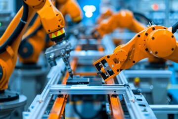 Fototapeta premium Close-up of robotic machinery assembling car doors, showcasing advanced technology in manufacturing