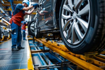 Close-up of workers fitting tires onto car rims, symbolizing precision and accuracy in manufacturing