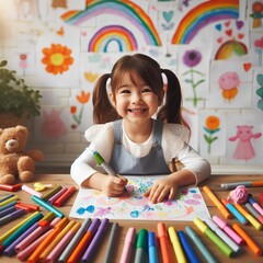 Smiling girl enjoying drawing.