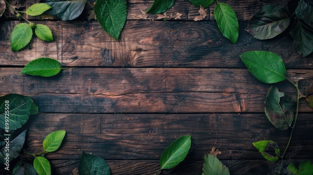Poster wooden table with leaves as top view representing ecological concept background