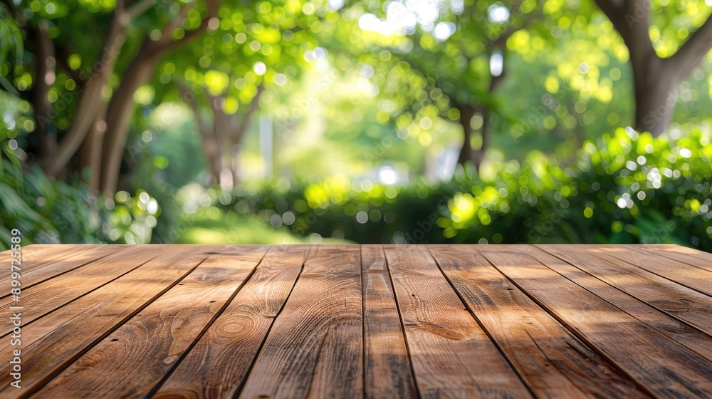 Poster Wooden tabletop with garden and tree background for displaying or showcasing products