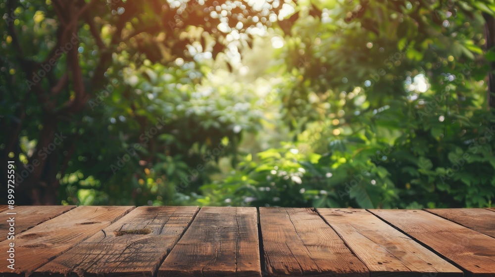 Aufkleber wooden tabletop with garden and tree background for displaying or showcasing products