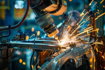 Close-up of robotic machinery welding car frame, symbolizing strength and durability in manufacturing