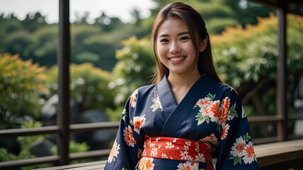Portrait of a smiling girl wearing a floral patterned yukata during summer vacation in Japan.