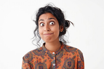 woman confused looking side away on white background