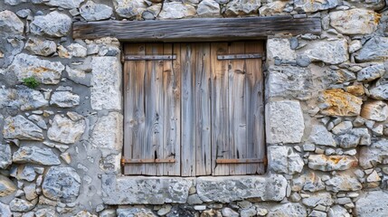 Wooden window on stone wall in Dimitsana Greece