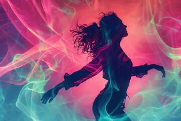 Contemporary Art Collage of Girl Dancing with Neon Background

