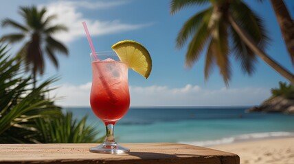 Sea Breeze vodka-based alcoholic drink cocktail at sunny sandy beach with palm trees during.