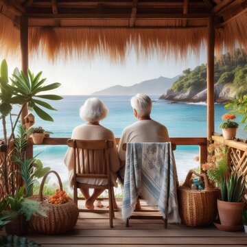 Old elderly people sit in wooden shezlong and watch the sea.