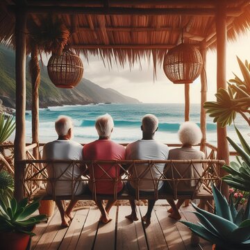 Old elderly people sit in wooden shezlong and watch the sea.