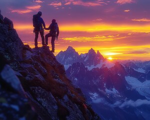 Fototapeta premium Unity in Nature - Silhouettes of Climber and Hiker Embracing at Sunset with Mountain Peaks in Background