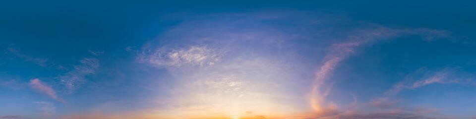 Sky 360 panorama - Bright blue sky filled with fluffy white Cirrus clouds. Seamless hdr spherical 360 panorama. Sky dome sky replacement for aerial drone 360 panoramas. Weather and climate change