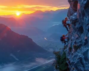 Inspiring Teamwork: Climbers Helping Each Other Up Steep Cliff at Sunrise with Golden Mountains and Valleys Below