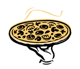 Whole pizza on tray in hand. Italian food, restaurant pizzeria emblem or logo. Vector illustration