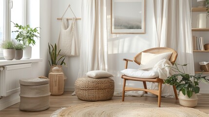 Serene Scandinavian Minimalist Nook Bathed in Natural Light with Neutral Palette
