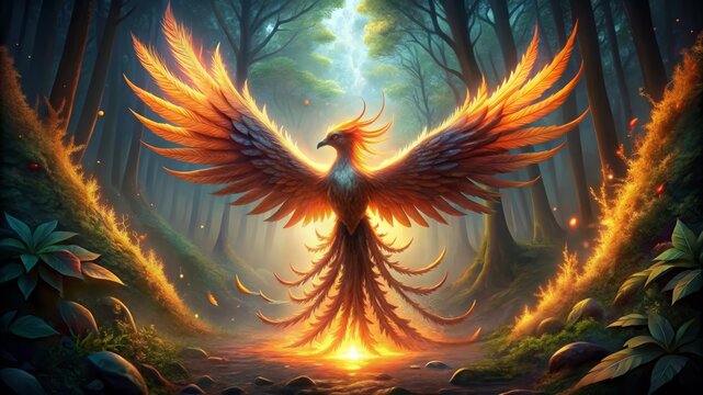 Phoenix Rising in a Mystical Forest.