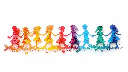 Fototapeta premium Papercut style of children holding hands, vibrant colors, white background,