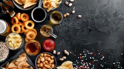 A table with a variety of snacks and drinks, including chips, peanuts, and beer