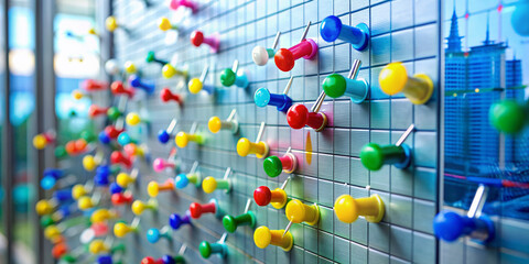 Colorful push pins and notes on a glass board organize financial data, illustrating strategic company budget allocation and effective cost control for successful business management.