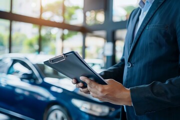 Close-up of salesman presenting warranty options, highlighting customer care in auto sales
