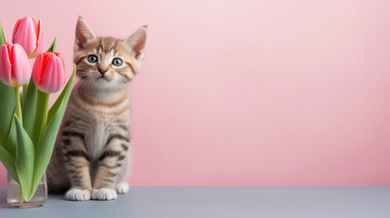 Portrait of a cat with a tulip flower