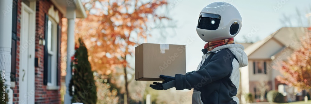 Poster robot delivering a package in autumn. ai in everyday tasks.